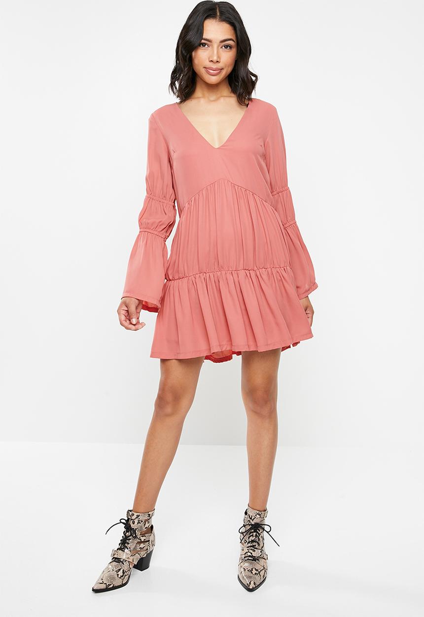 Missguided - V neck tiered smock dress - pink