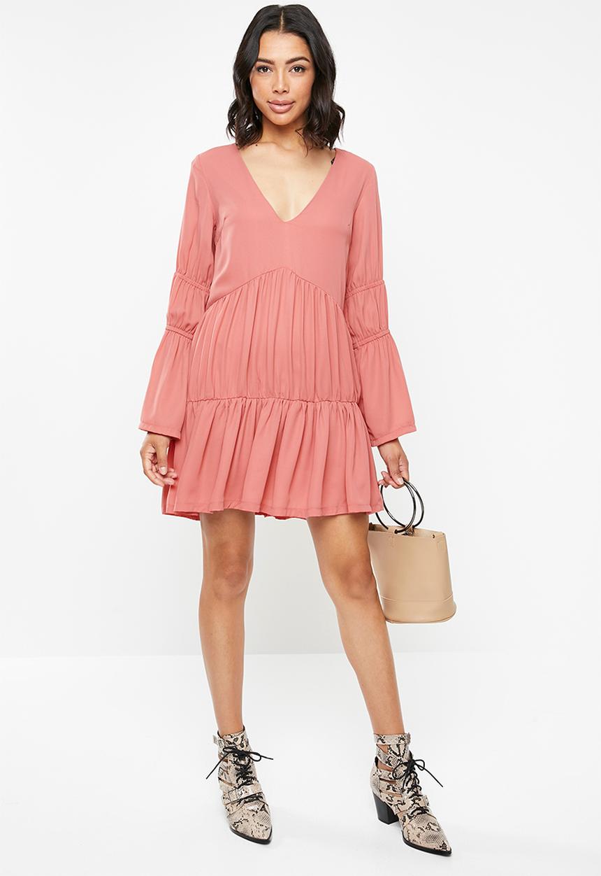 Missguided - V neck tiered smock dress - pink