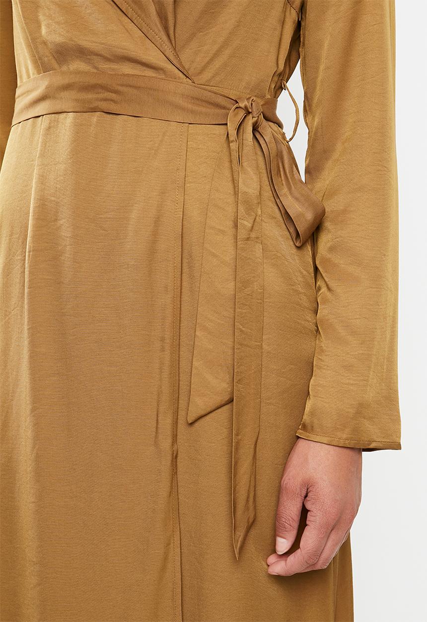 Missguided - Plunge belted slit front midi dress - brown