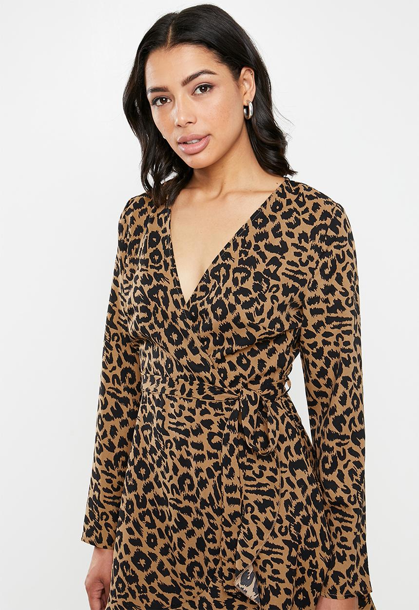 Missguided - Ruffle hem wrap tea dress leopard - black & brown