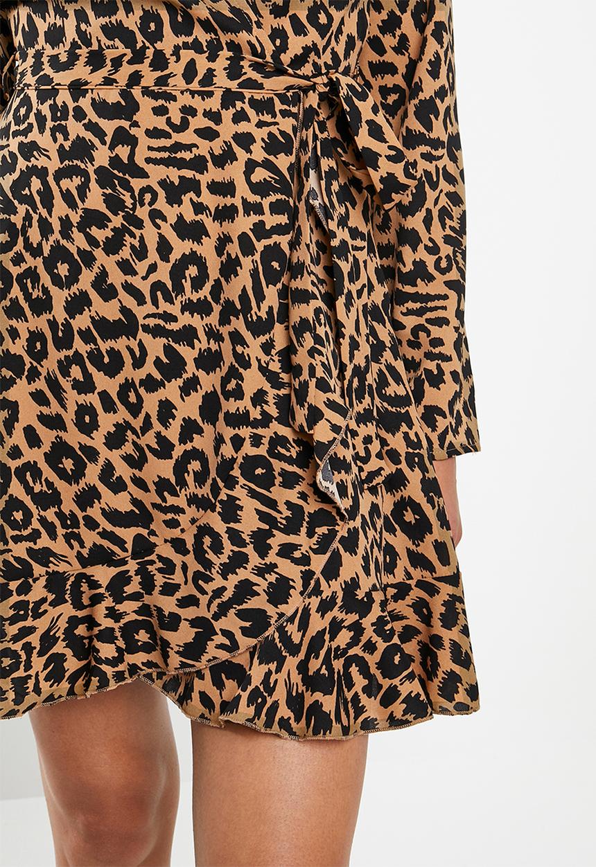 Missguided - Ruffle hem wrap tea dress leopard - black & brown