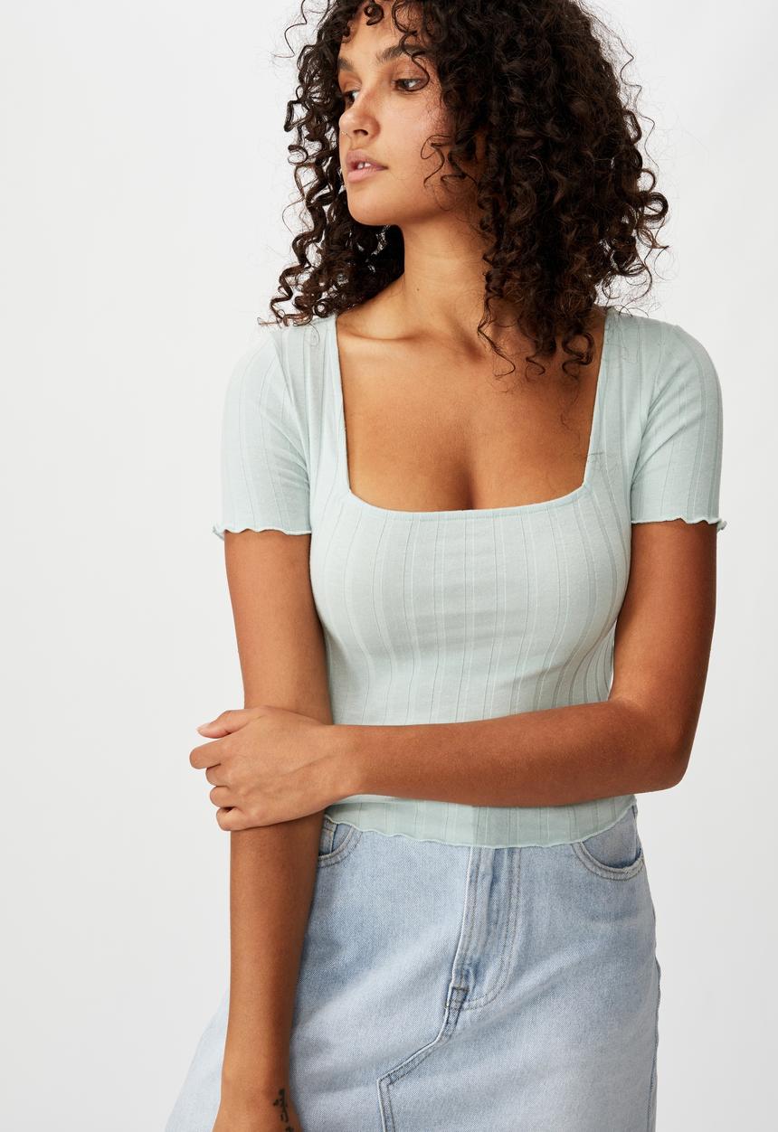 Cotton On - Tatum square neck wide rib short sleeve top - blue