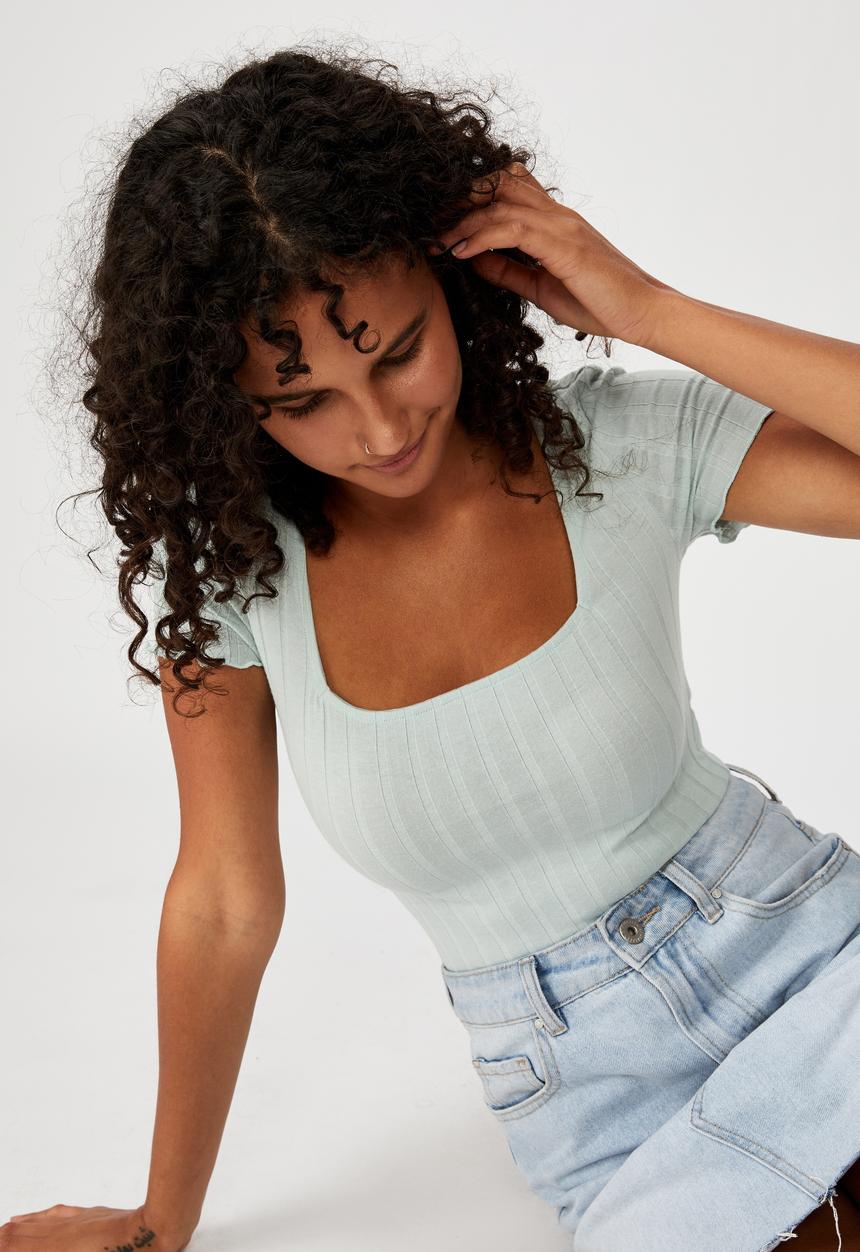Cotton On - Tatum square neck wide rib short sleeve top - blue