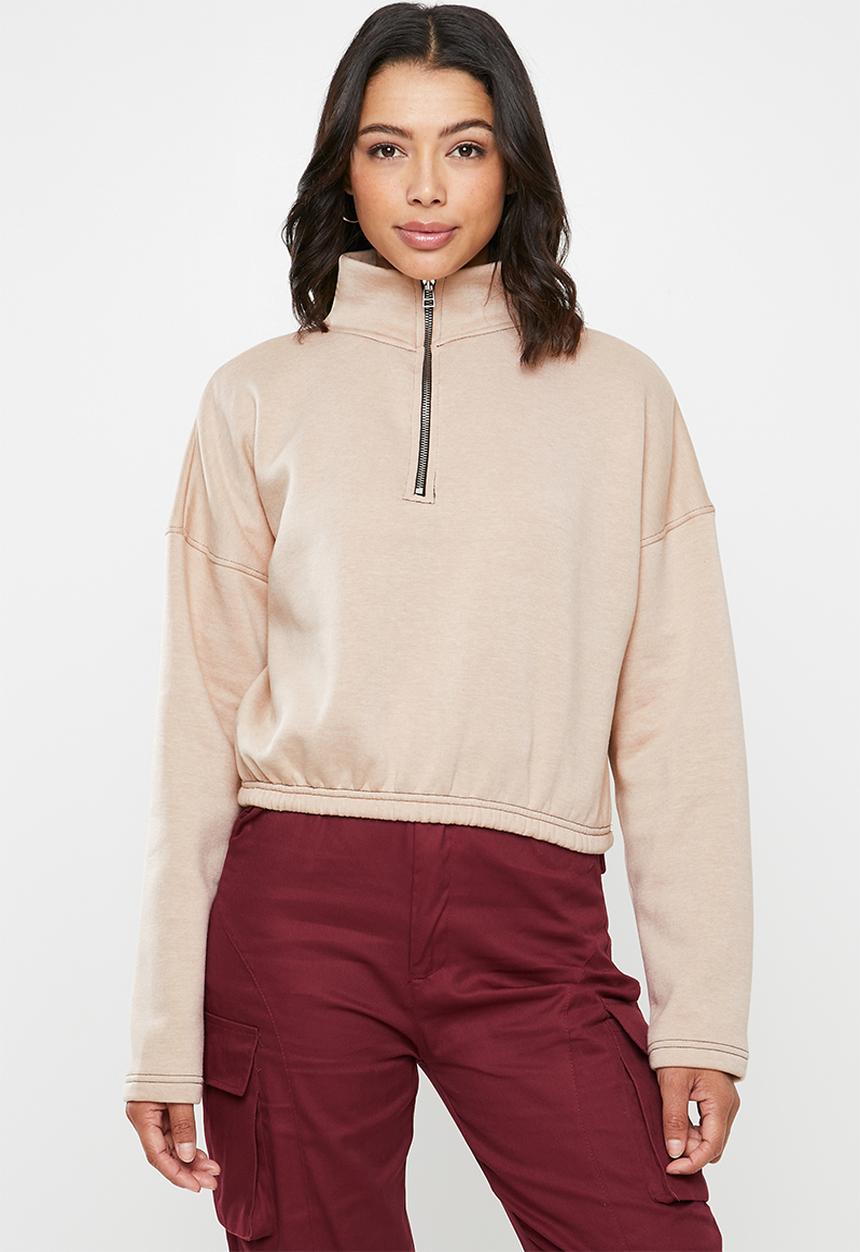 Missguided - Zip front high neck gathered waist sweat - beige