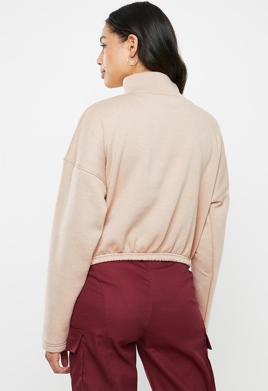 Missguided - Zip front high neck gathered waist sweat - beige