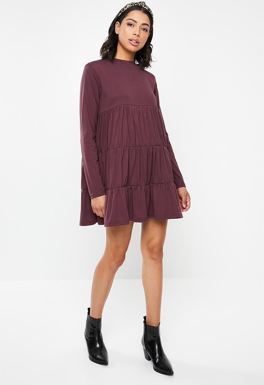 Missguided - Jersey tiered long sleeve smock dress - burgundy