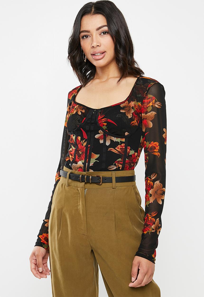 Missguided - Mesh long sleeve corset seam floral print top - multi