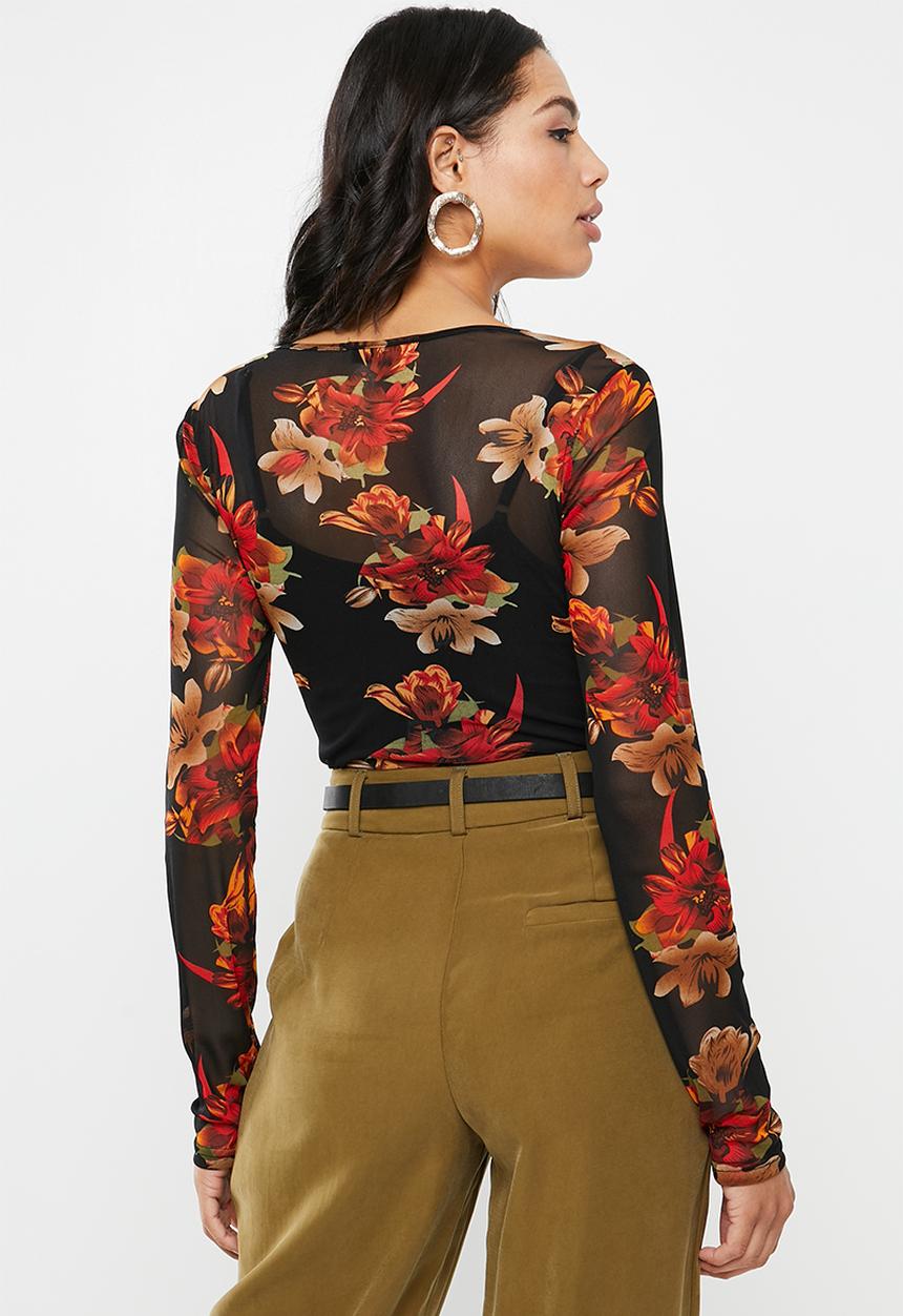 Missguided - Mesh long sleeve corset seam floral print top - multi
