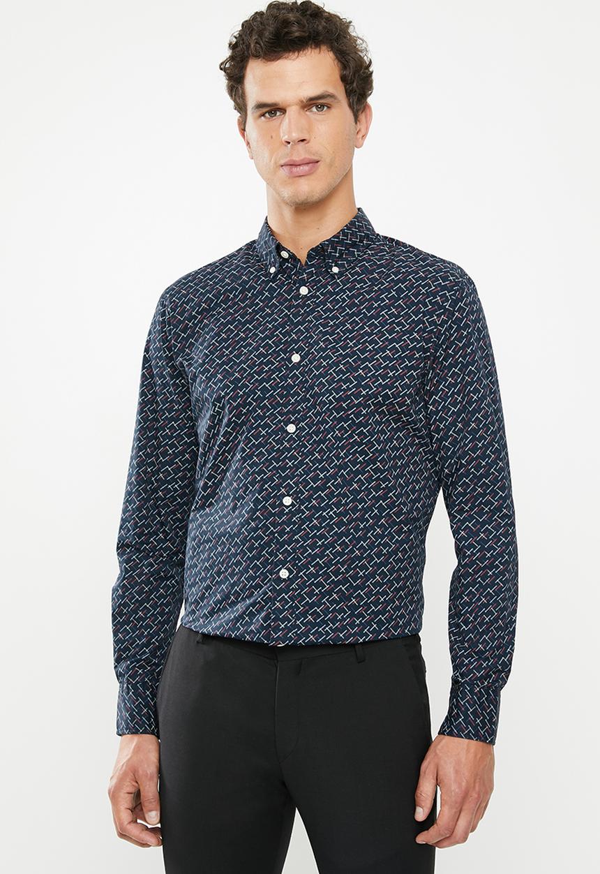 Selected Homme - Matt slim fit all over print shirt - navy