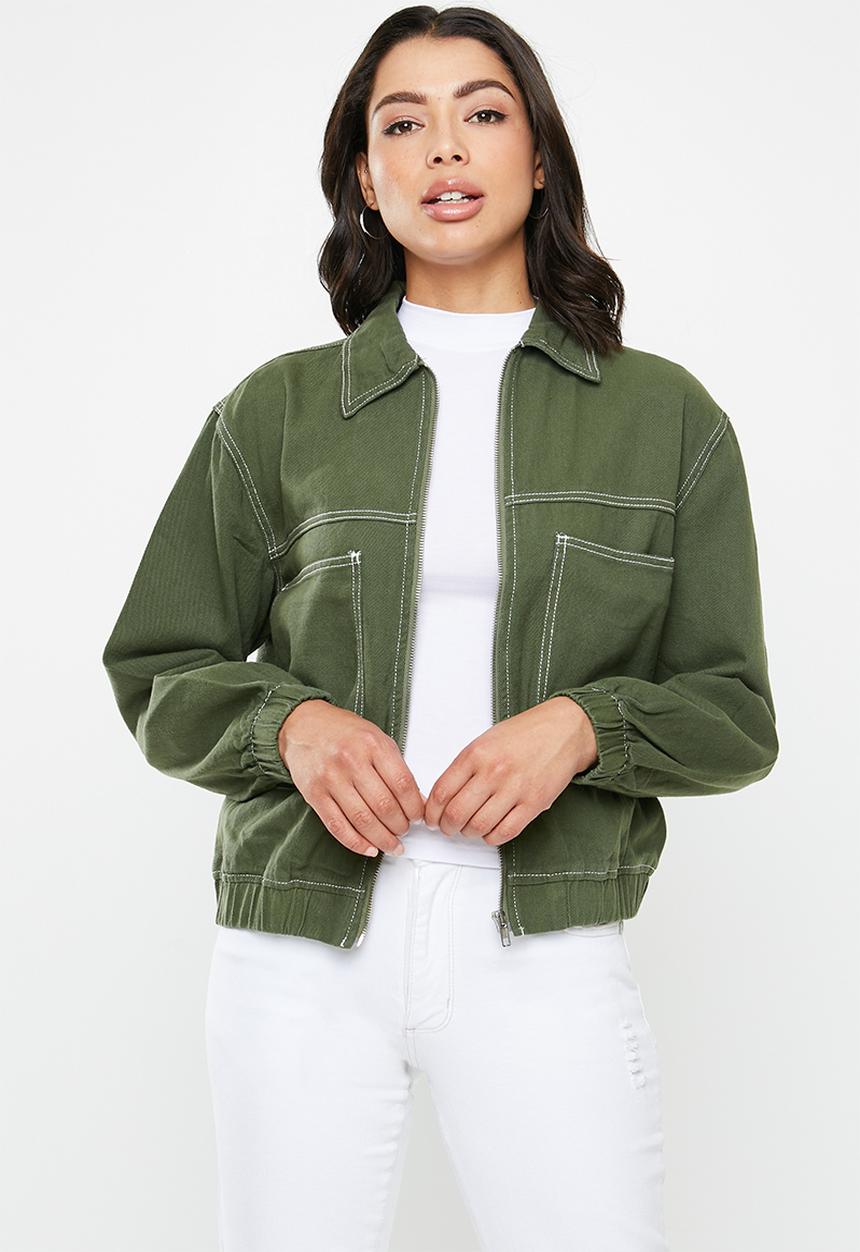 Missguided - Zip through constrast stitch denim jacket - green