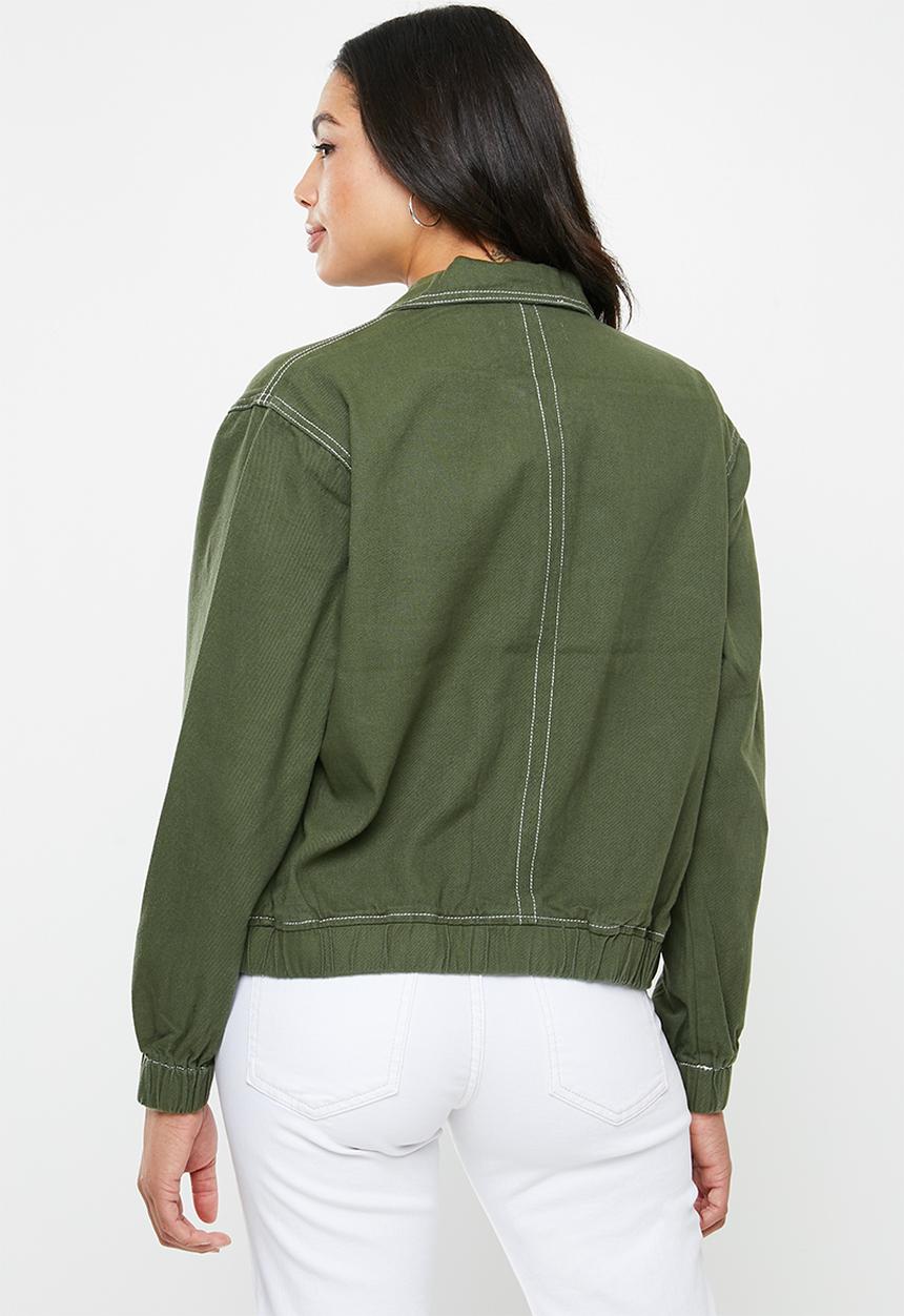 Missguided - Zip through constrast stitch denim jacket - green