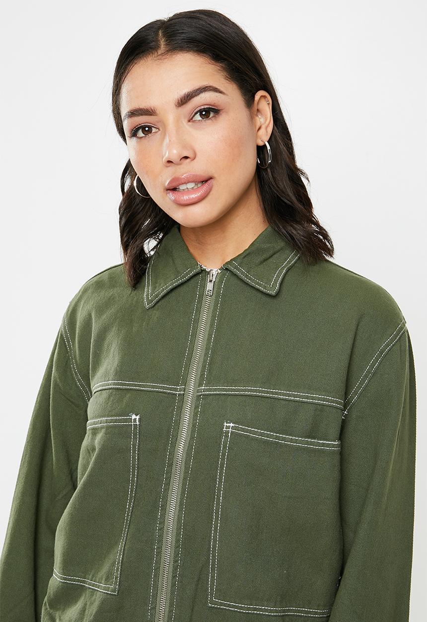 Missguided - Zip through constrast stitch denim jacket - green