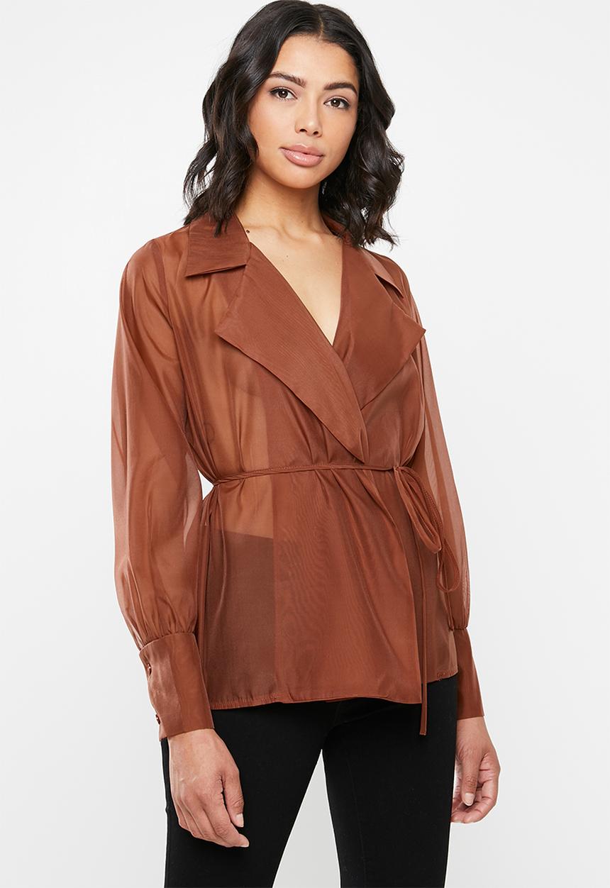 Missguided - Organza belted wrap blouse - brown