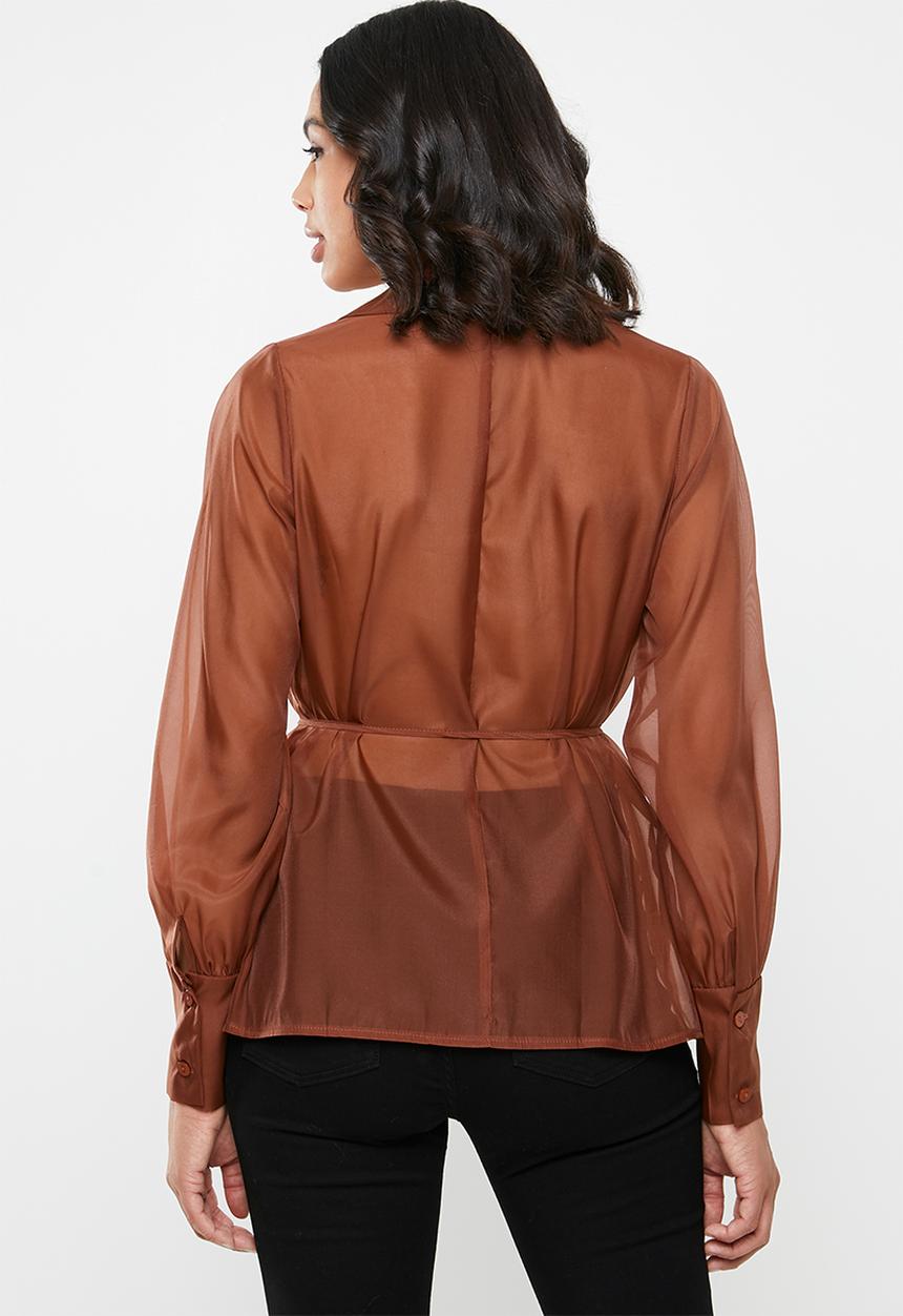 Missguided - Organza belted wrap blouse - brown