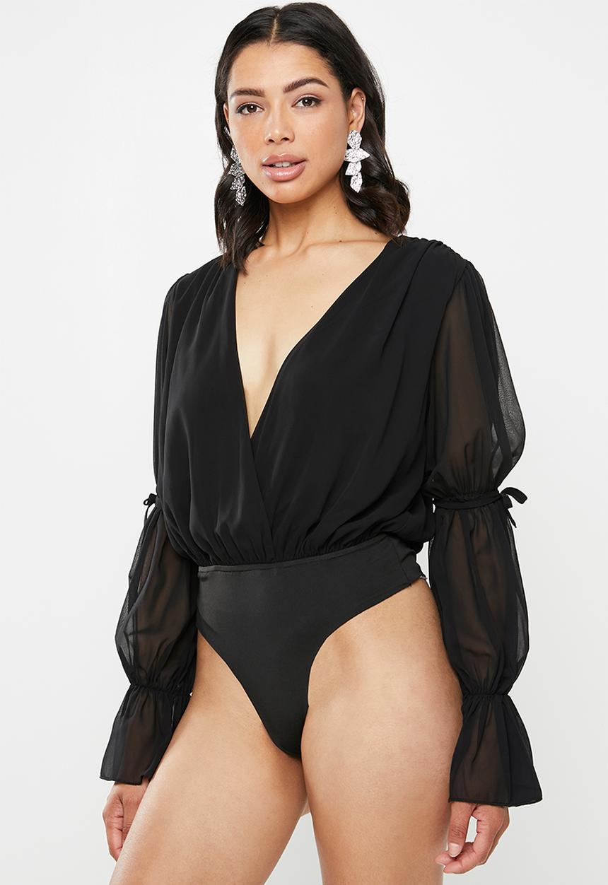 Missguided - Chiffon plunge tie sleeves bodysuit - black