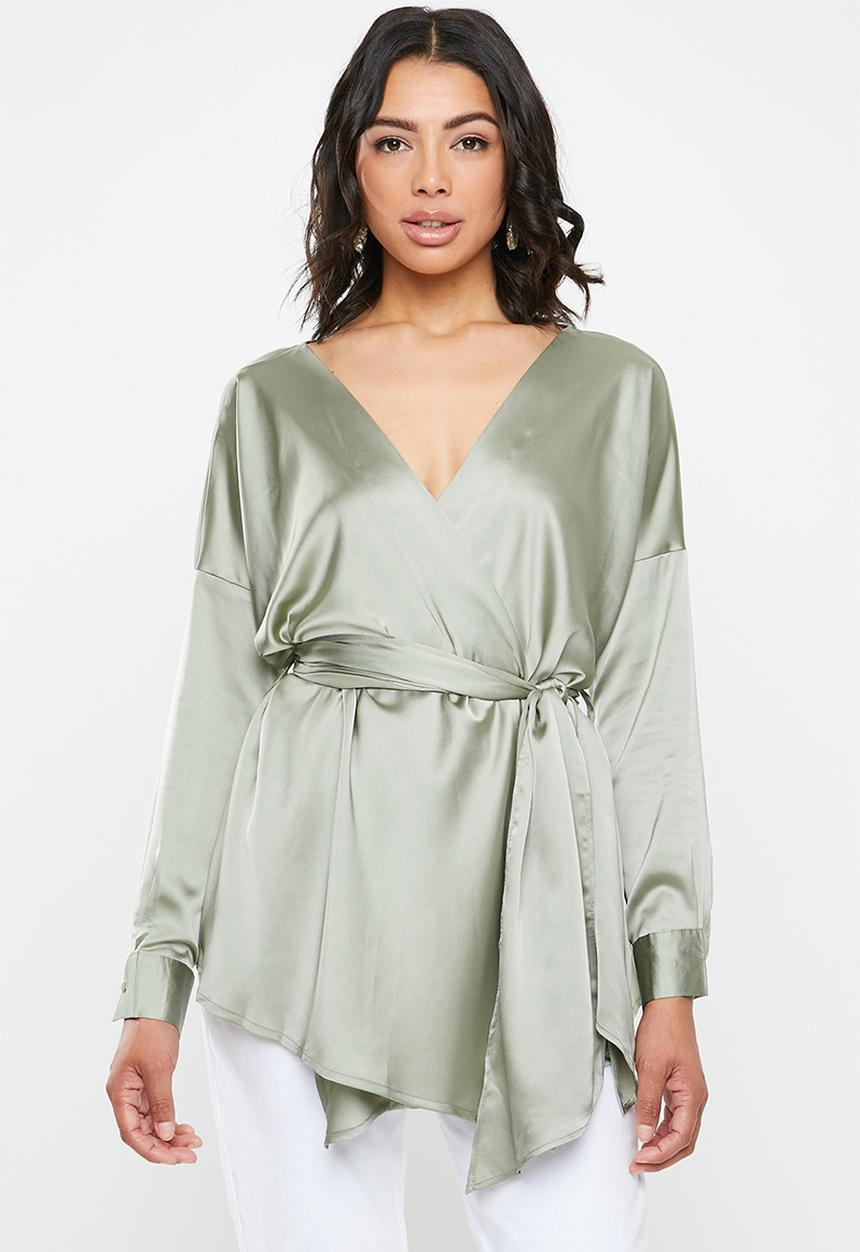 Missguided - Oversized plunge tie waist blouse - green