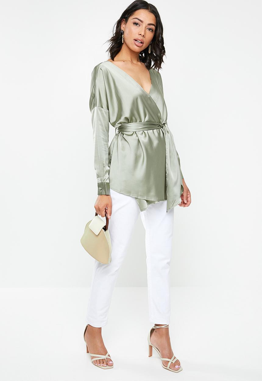 Missguided - Oversized plunge tie waist blouse - green