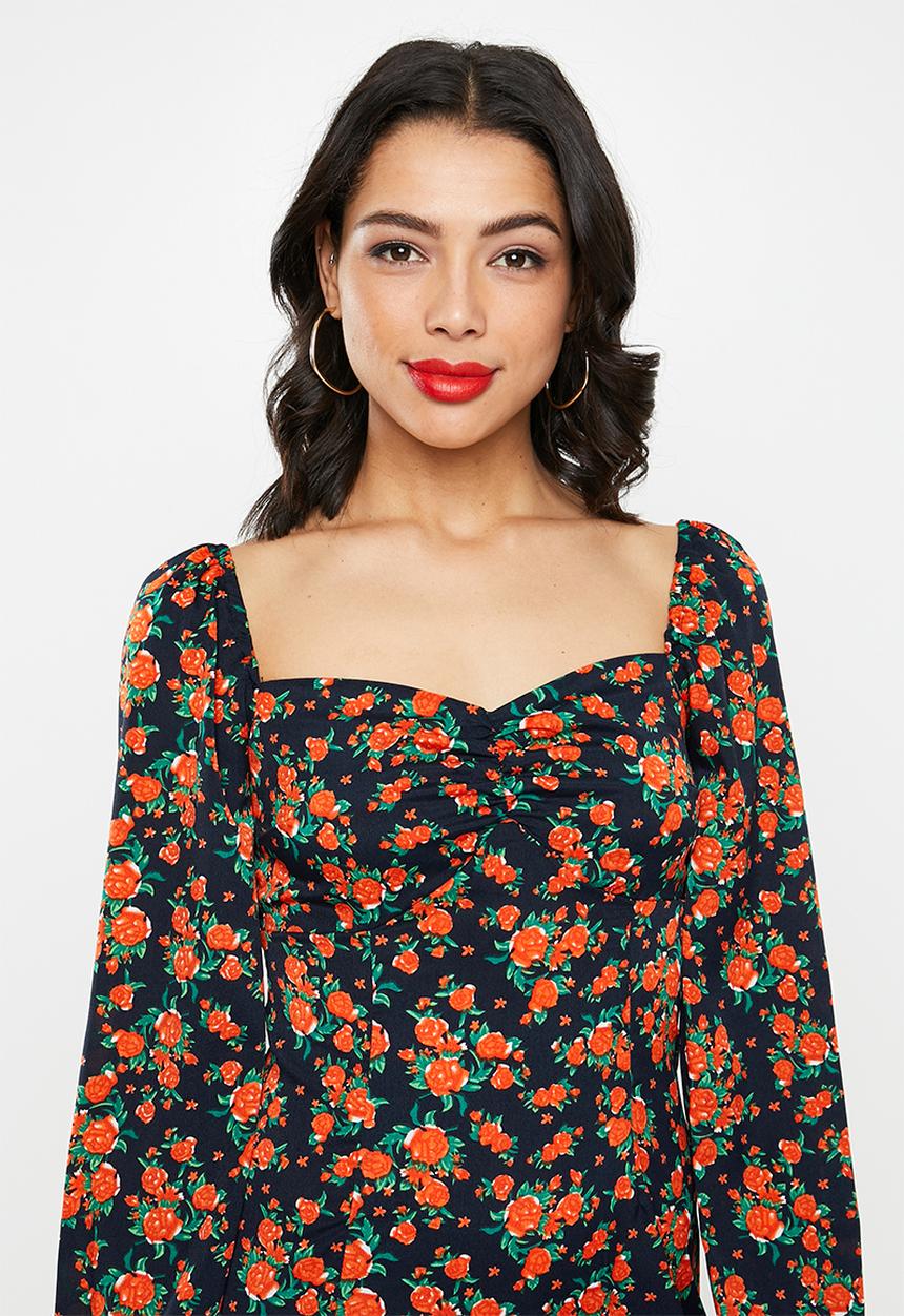 Missguided - Milkmaid long sleeve midi dress floral - multi 