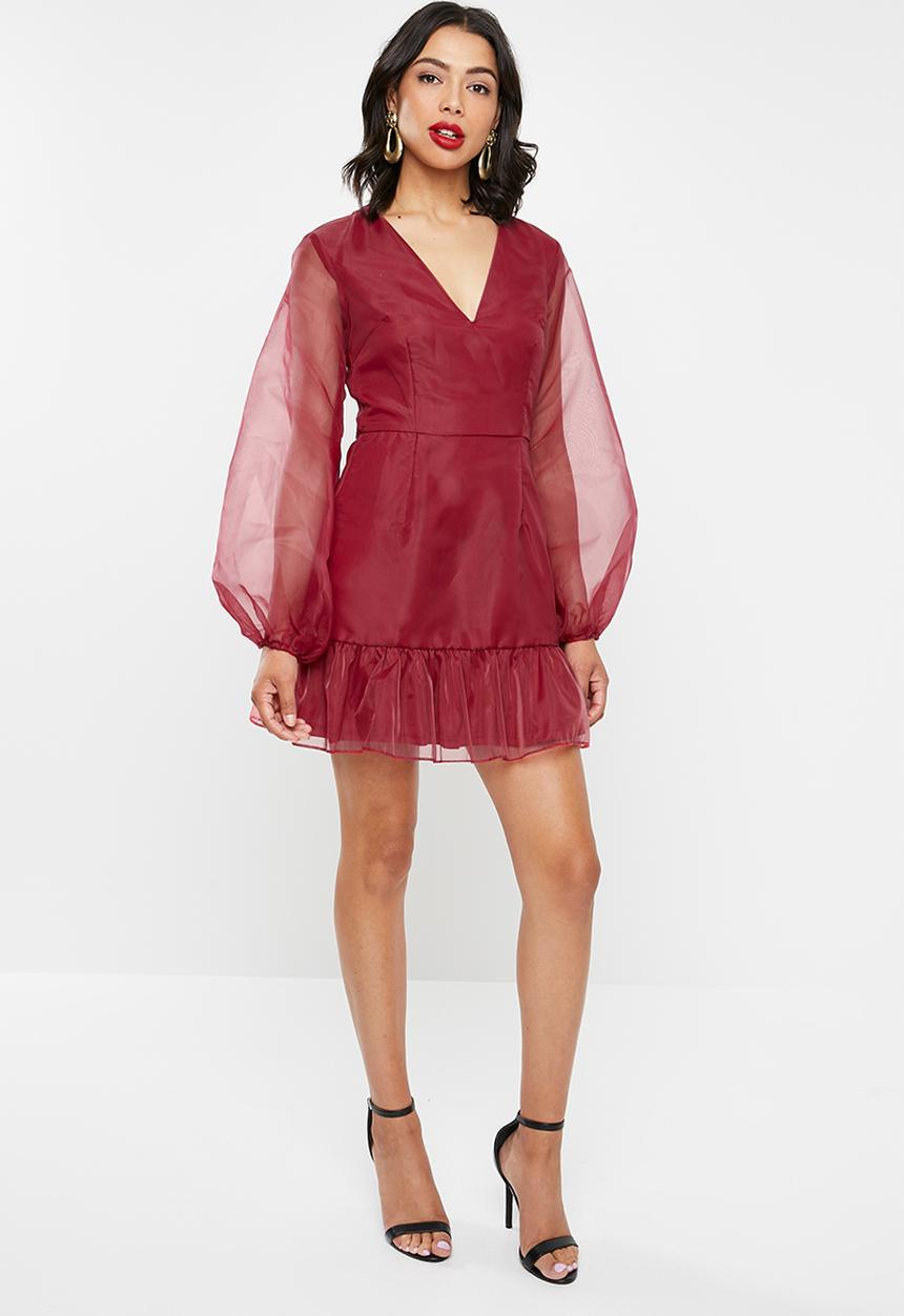 Missguided - Organza puff sleeve dress - burgundy