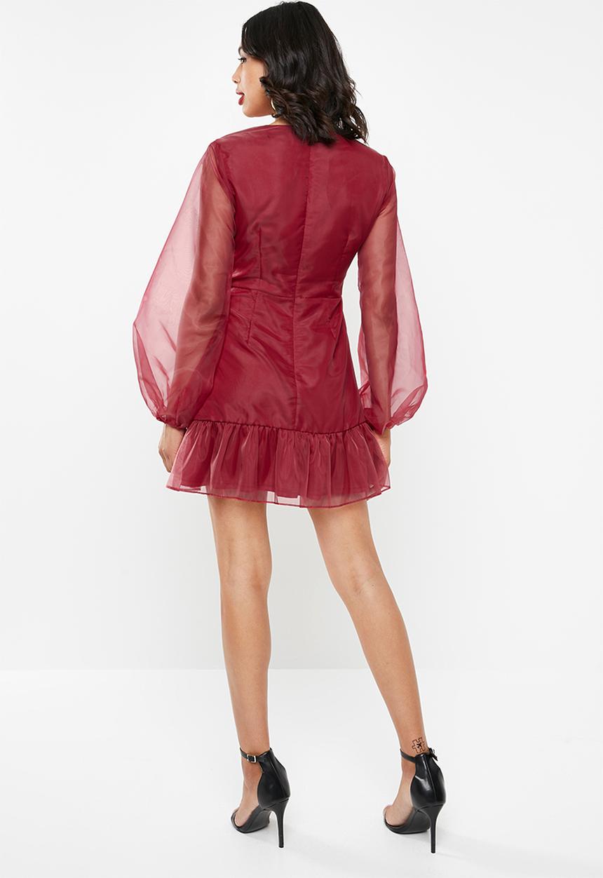 Missguided - Organza puff sleeve dress - burgundy