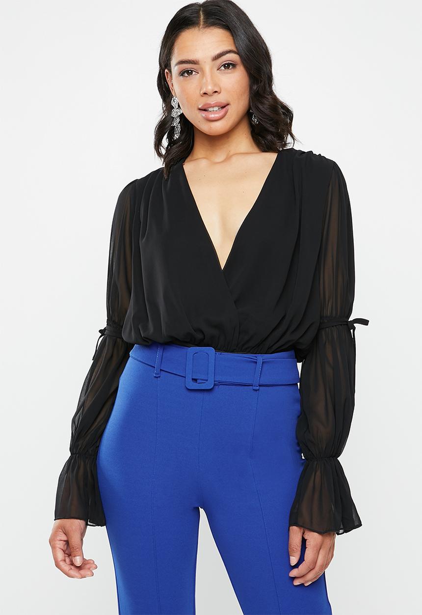 Missguided - Chiffon plunge tie sleeves bodysuit - black