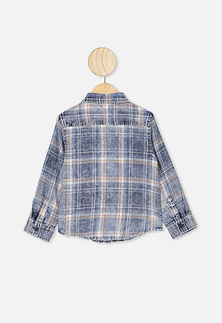 Cotton On - Fairfax long sleeve shirt - denim washed check