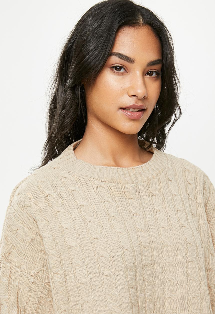 Missguided - Petite cable batwing jumper coord - beige