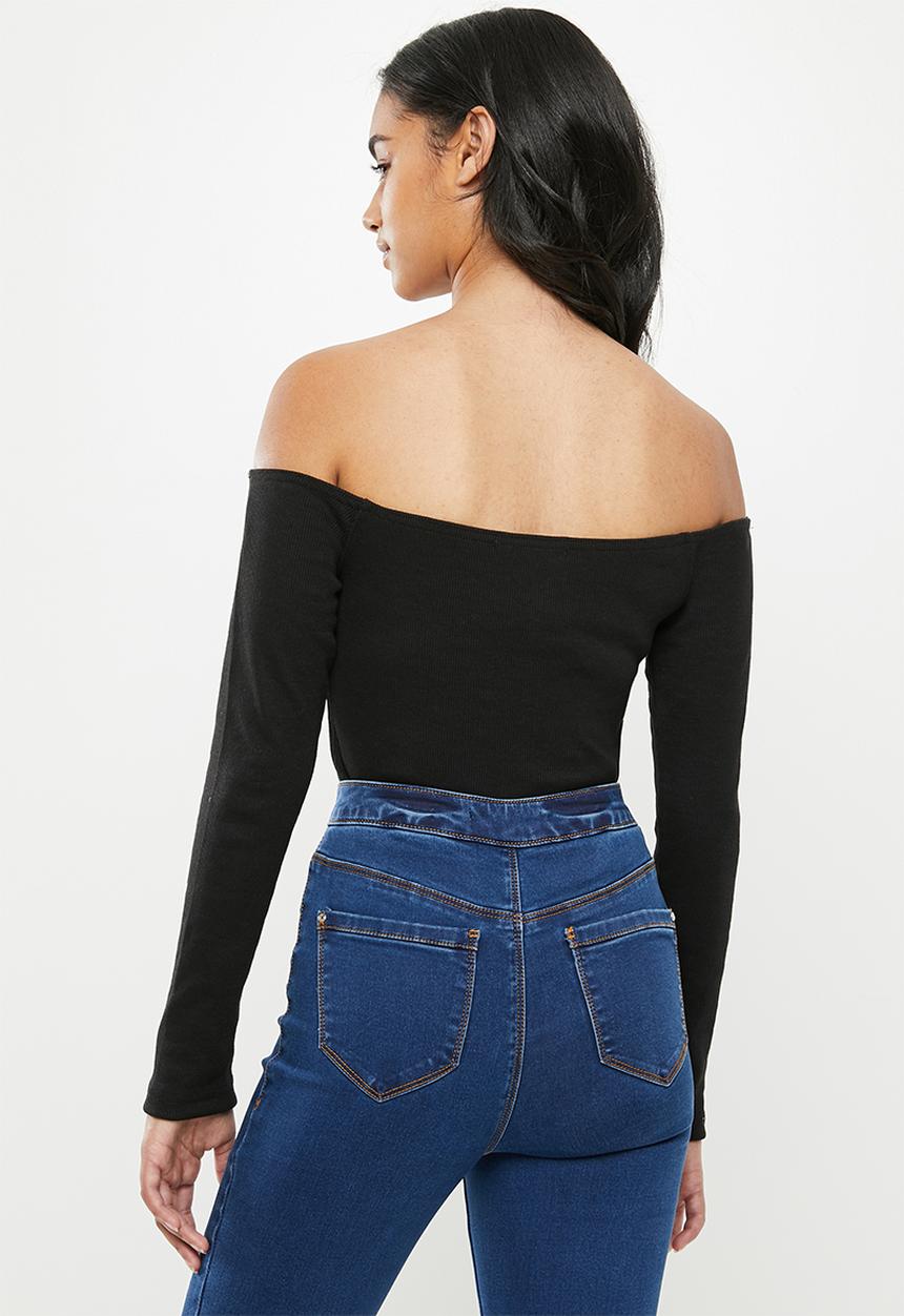 Missguided - Petite button front rib bodysuit - black