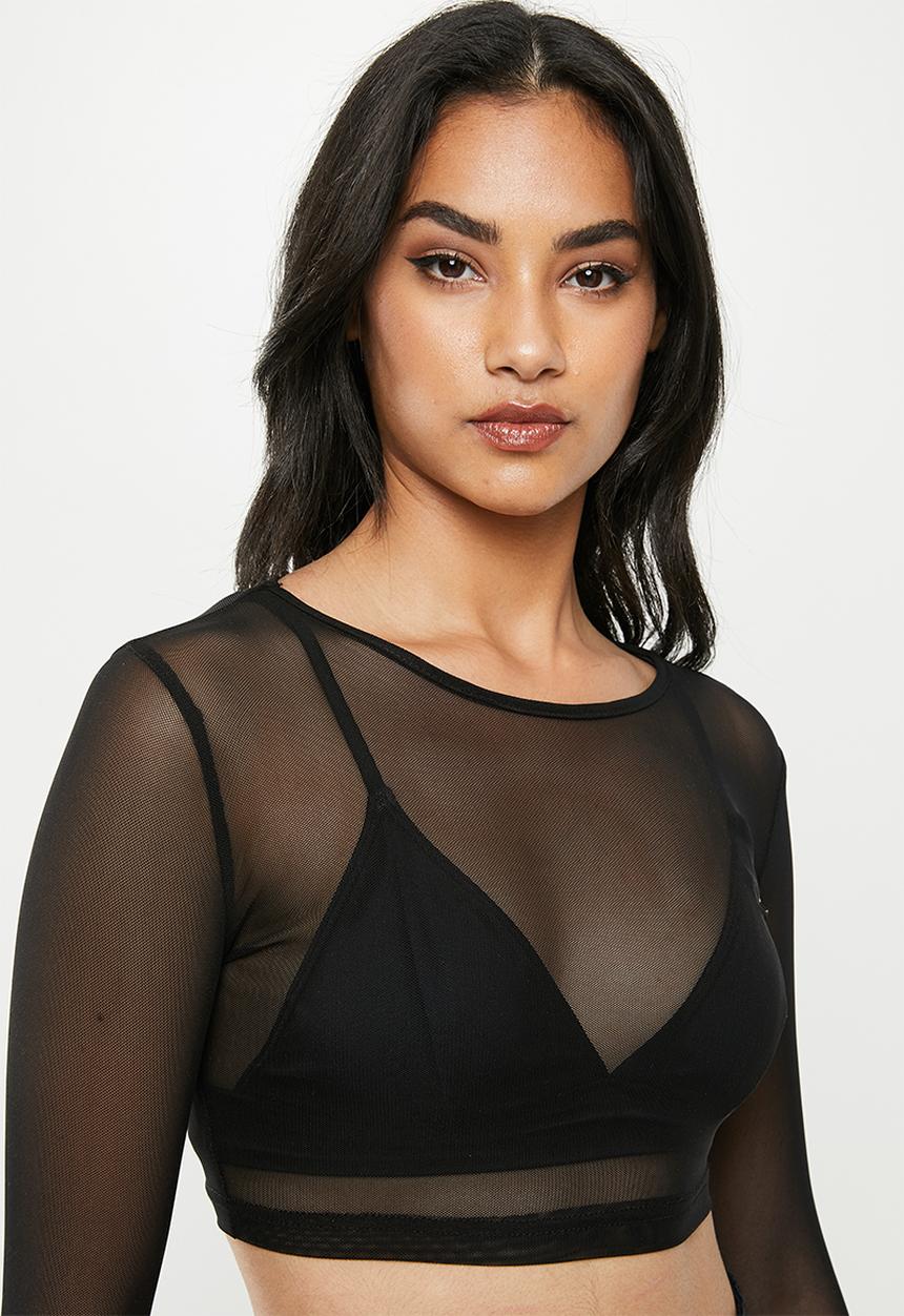 Missguided - Petite long sleeve mesh crop tee - black