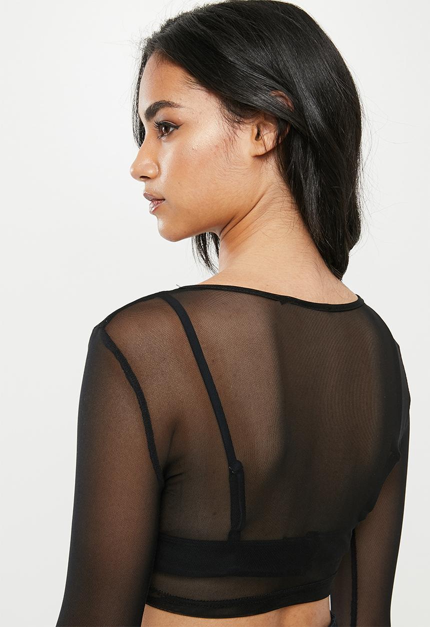 Missguided - Petite long sleeve mesh crop tee - black