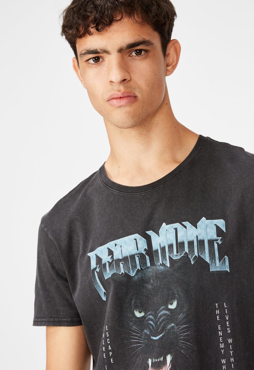Factorie - Fear none curved graphic T-shirt - washed black