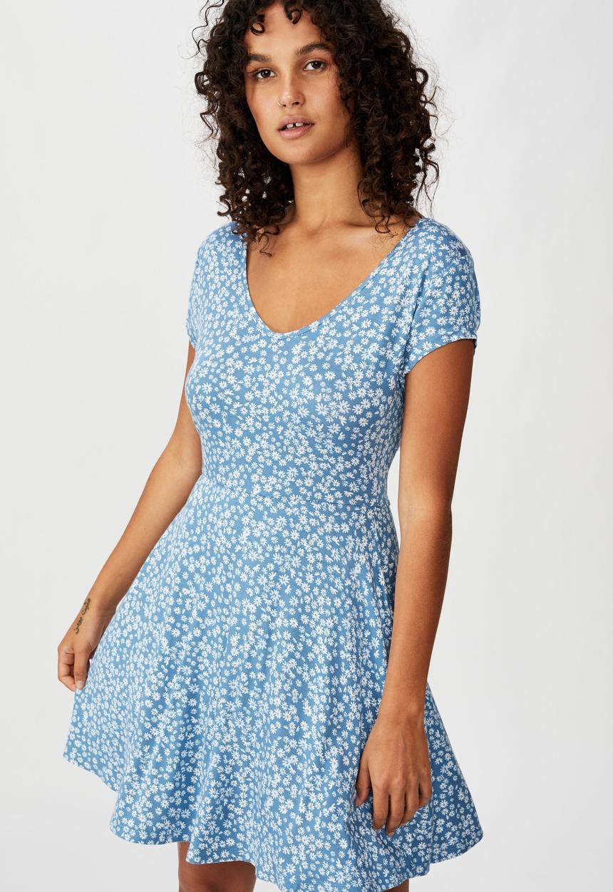 Cotton On - Becky tie back mini tea dress frankie ditsy - provincial blue