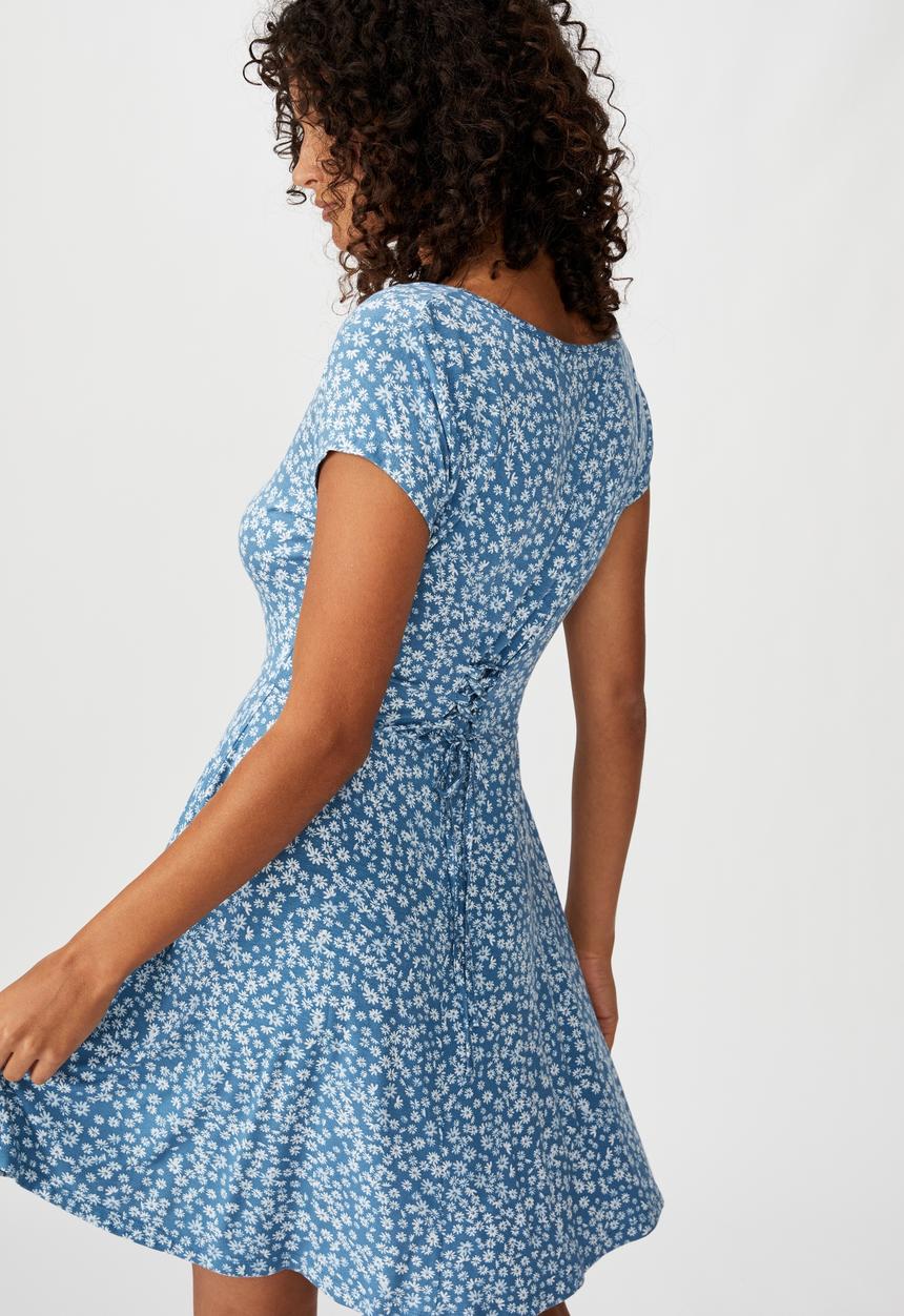 Cotton On - Becky tie back mini tea dress frankie ditsy - provincial blue