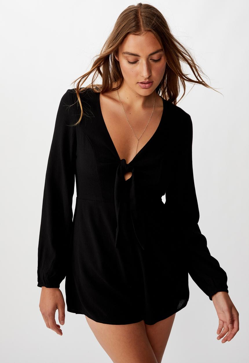 Cotton On - Woven Alena tie front long sleeve playsuit - black