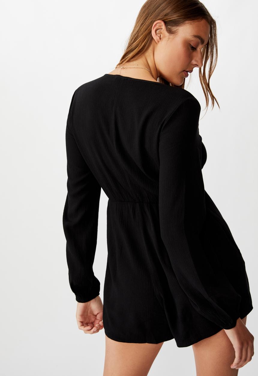 Cotton On - Woven Alena tie front long sleeve playsuit - black