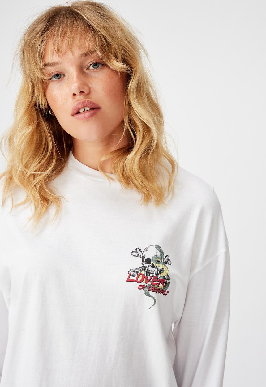 Factorie - Oversized ls graphic tee skull lover - white