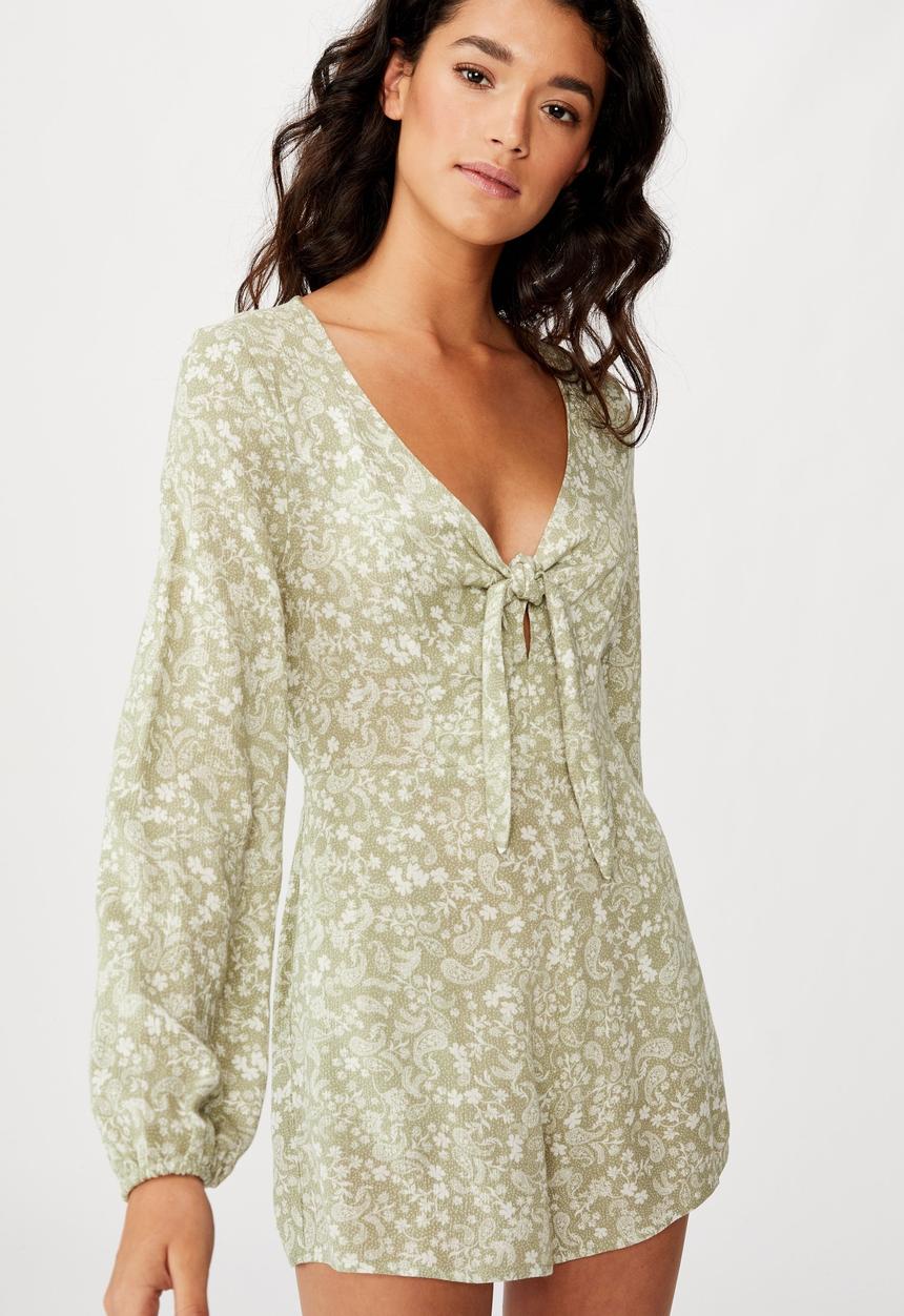 Cotton On - Woven Alena tie front long sleeve playsuit floral paisley - tea
