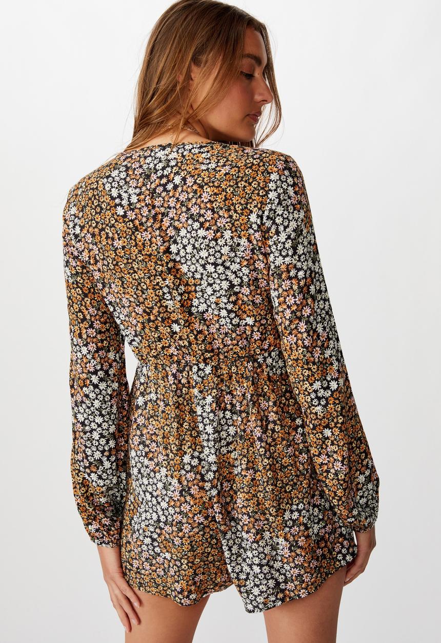Cotton On - Woven Alena tie front long sleeve playsuit multi ditsy - ebony