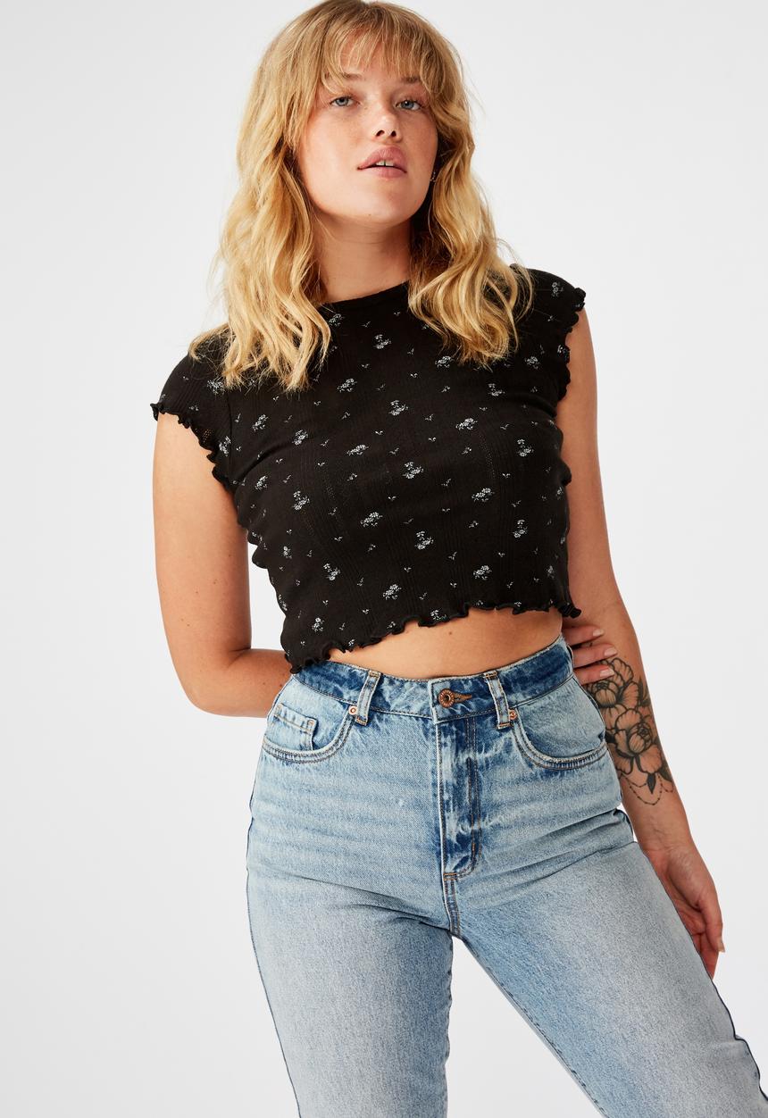 Factorie - Short sleeve pointelle top hannah ditsy - black