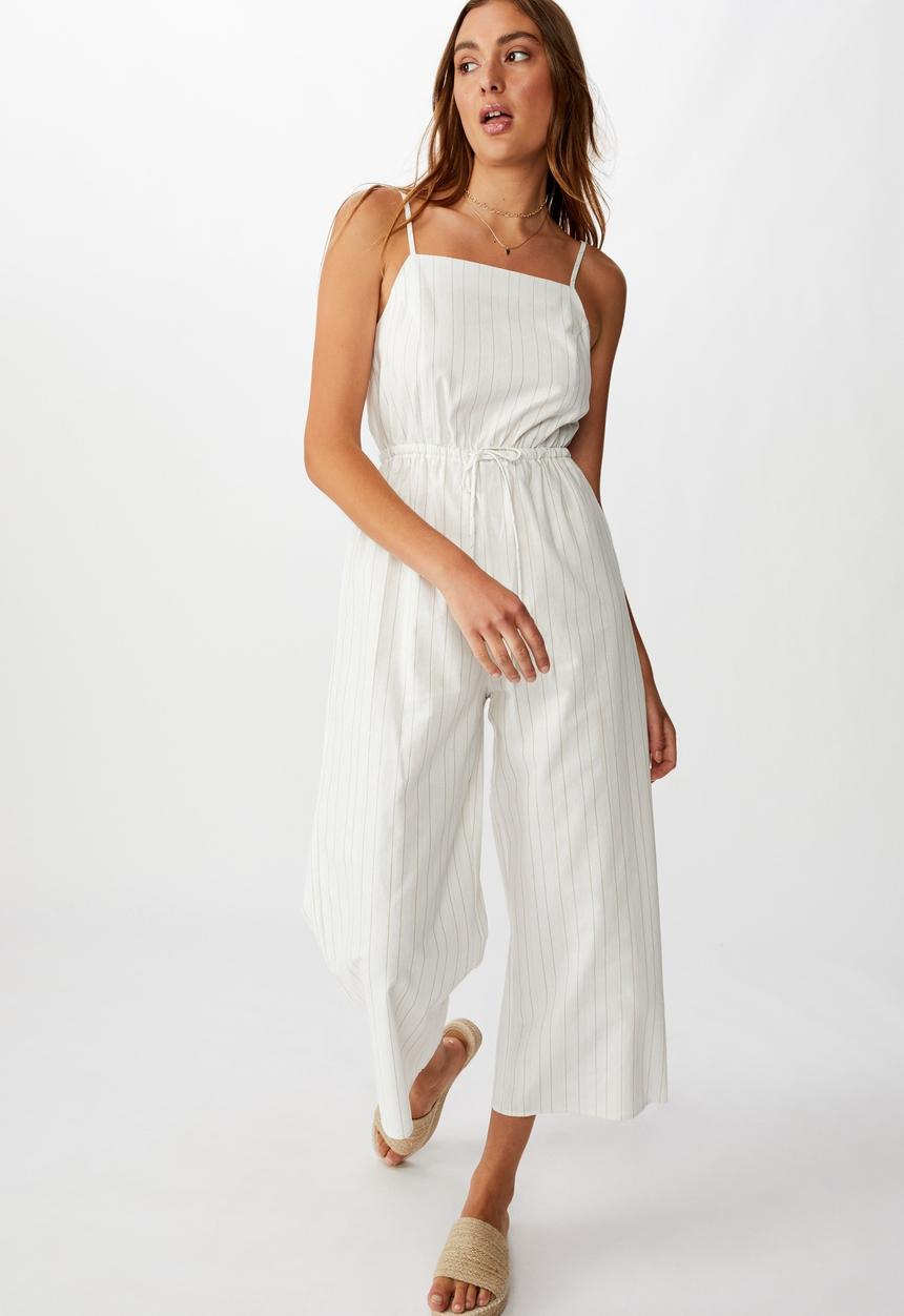 Cotton On - Woven Amanda pinafore jumpsuit leigh stripe - white & brown 