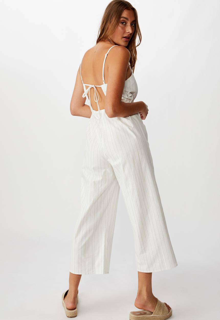 Cotton On - Woven Amanda pinafore jumpsuit leigh stripe - white & brown 