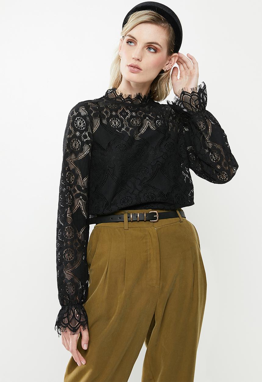 Vero Moda - Ginny long sleeve highneck lace blouse - black