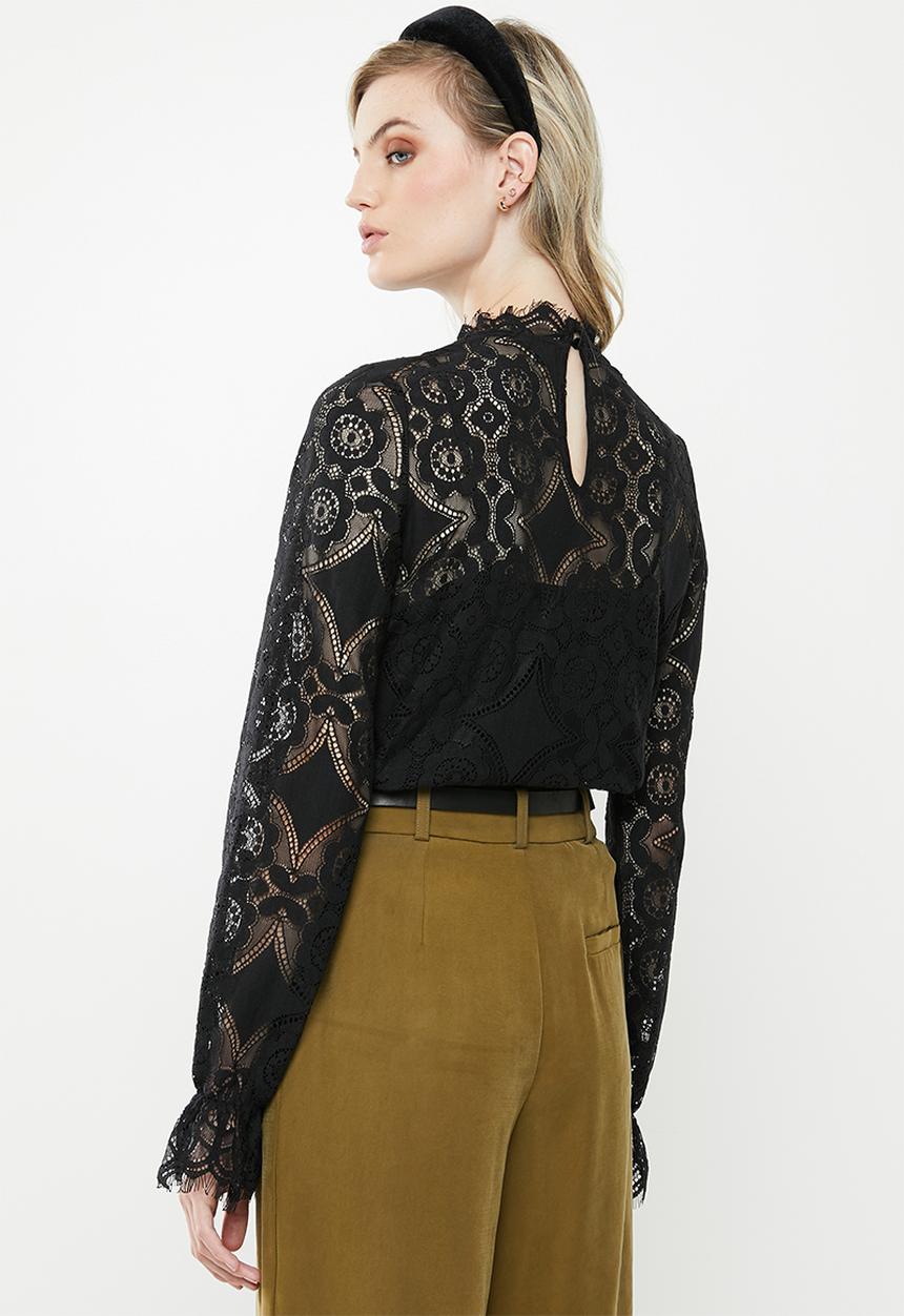 Vero Moda - Ginny long sleeve highneck lace blouse - black