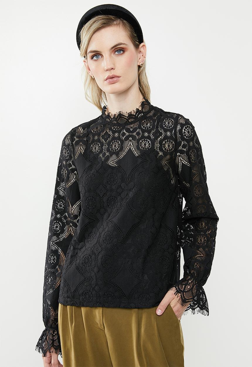 Vero Moda - Ginny long sleeve highneck lace blouse - black