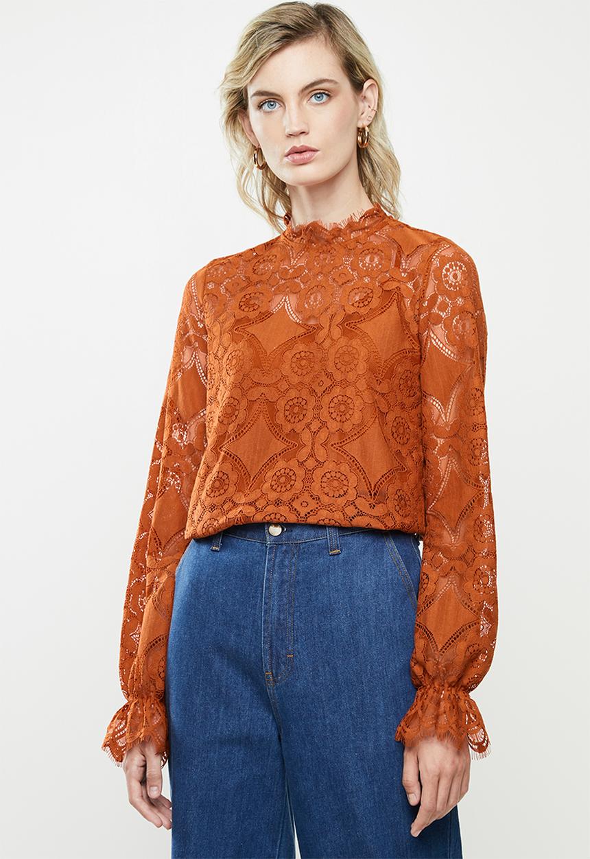 Vero Moda - Ginny long sleeve highneck lace blouse - cinnamon