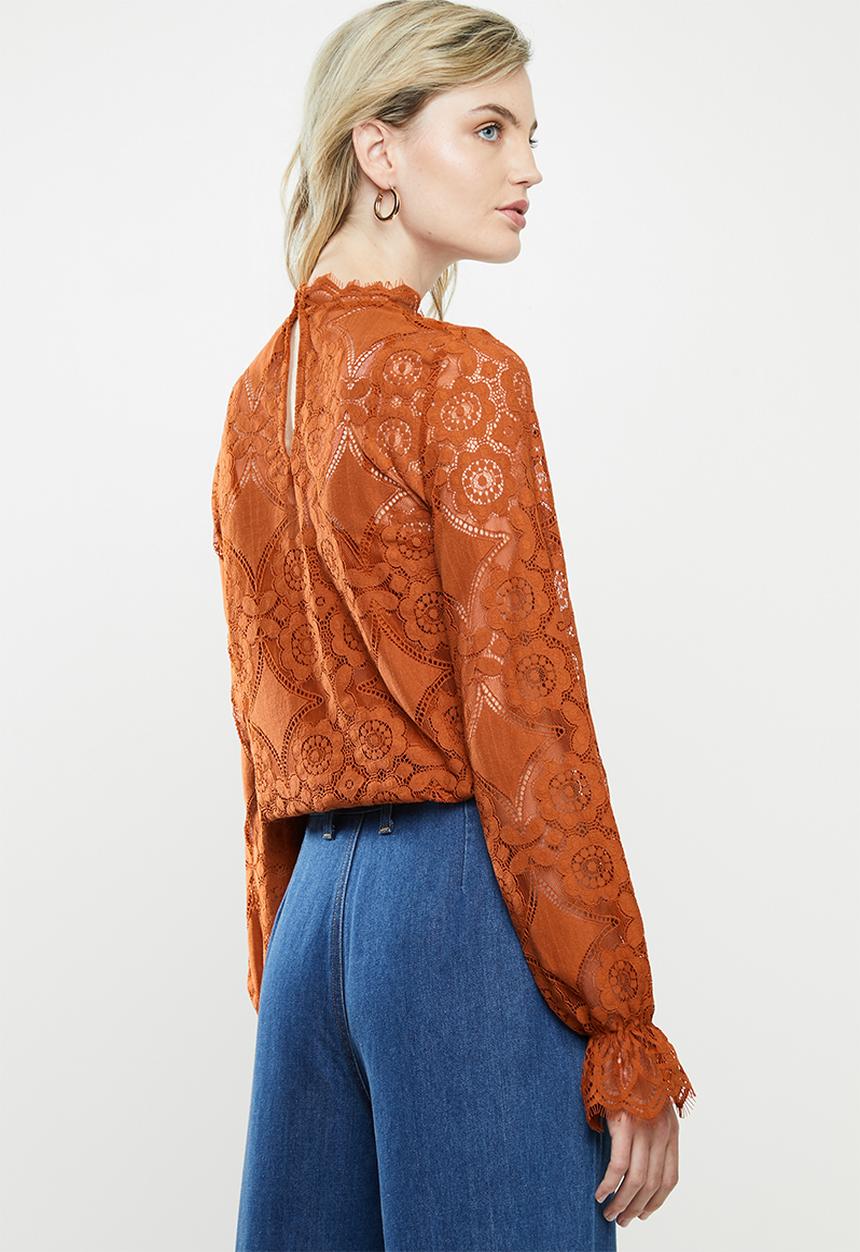 Vero Moda - Ginny long sleeve highneck lace blouse - cinnamon