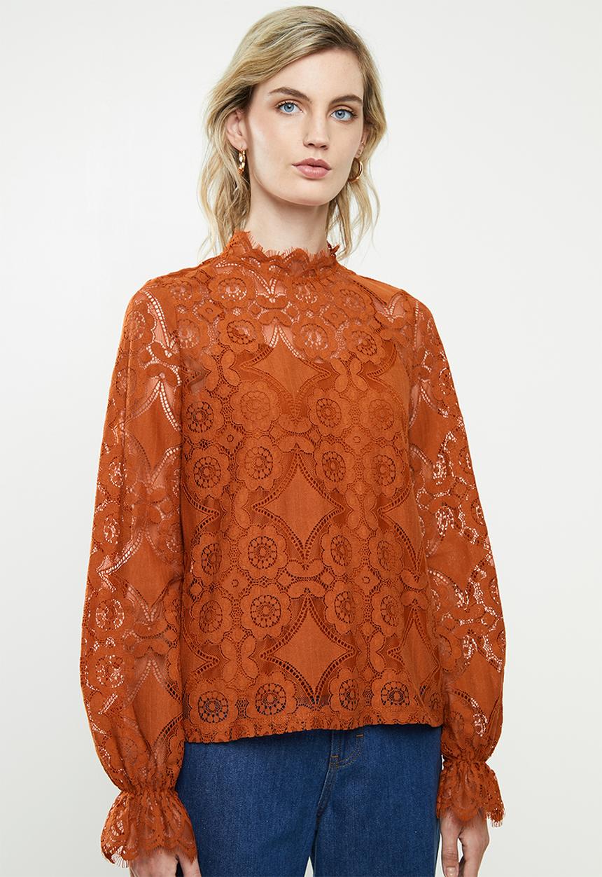 Vero Moda - Ginny long sleeve highneck lace blouse - cinnamon