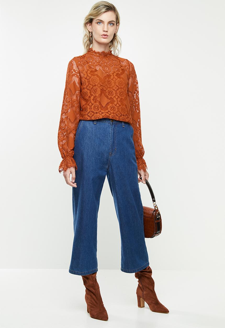 Vero Moda - Ginny long sleeve highneck lace blouse - cinnamon