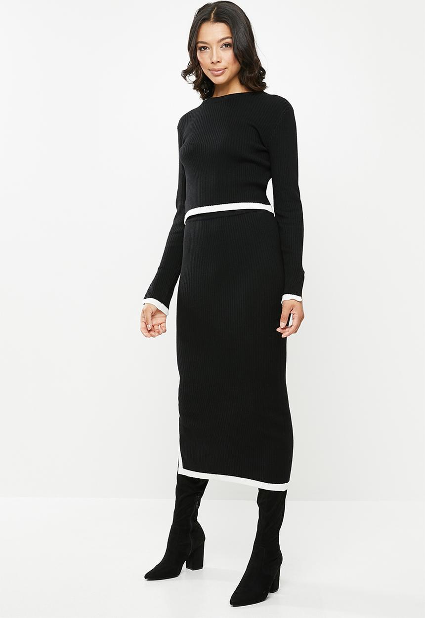 Missguided - Rib contrast jumper & midi skirt - black