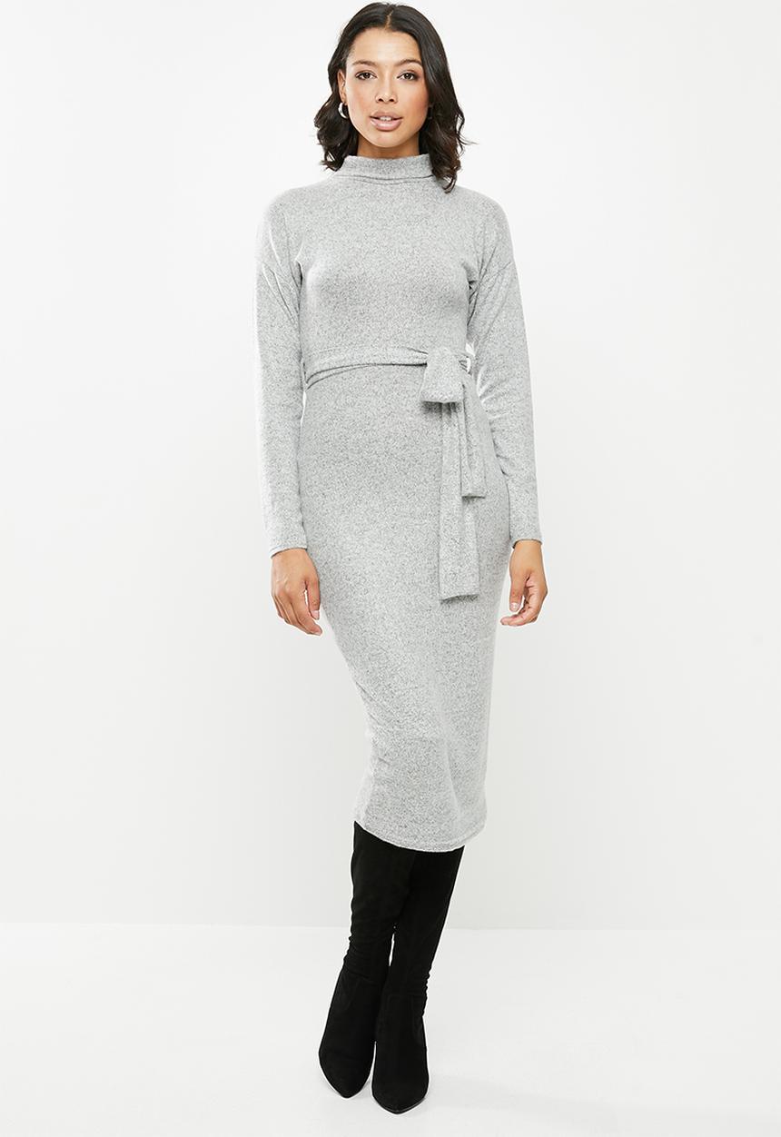 Missguided - Brushed knit high neck belted midi dress - grey
